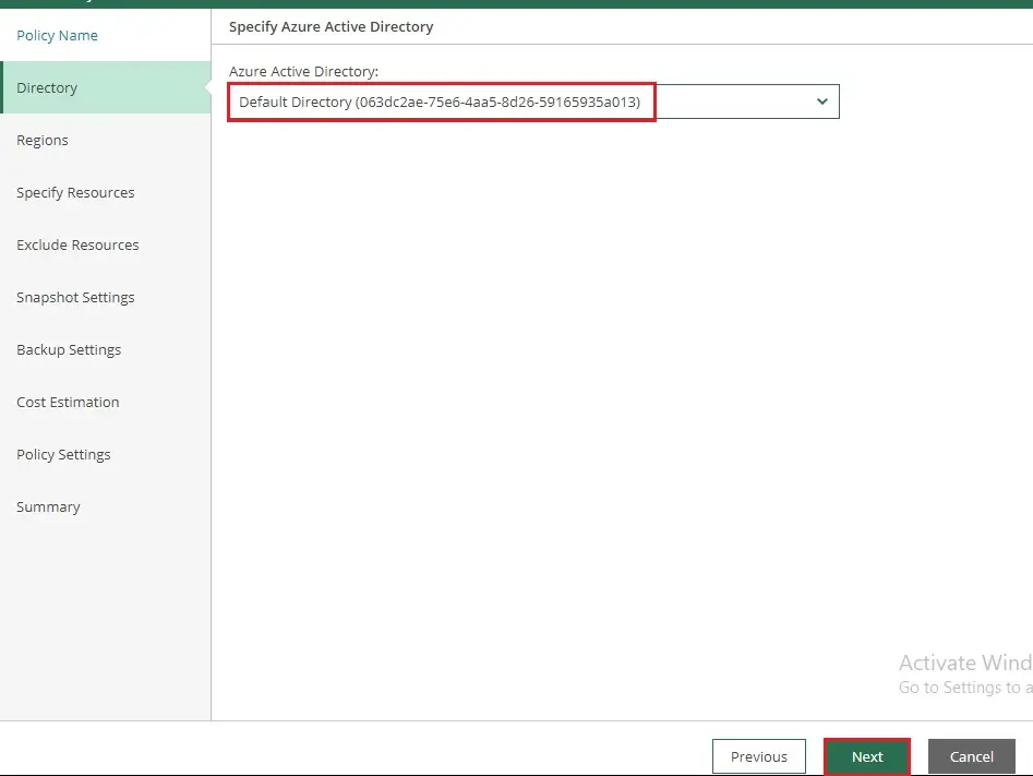 veeam azure add policy directory