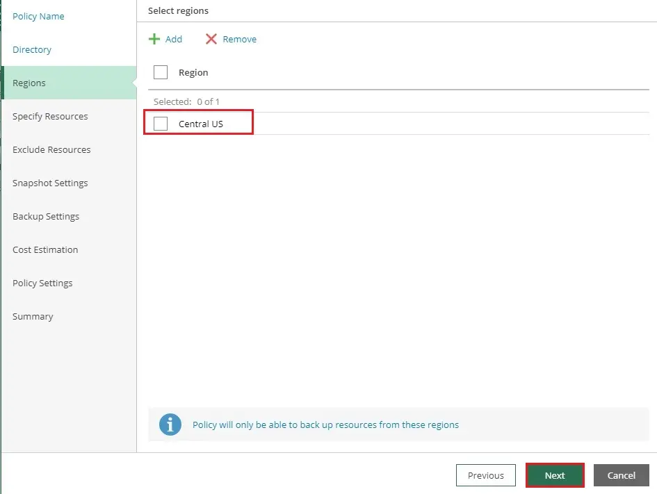 veeam azure add policy regions