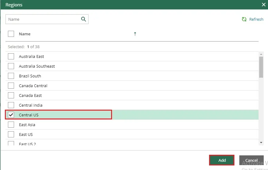 veeam azure add policy regions select