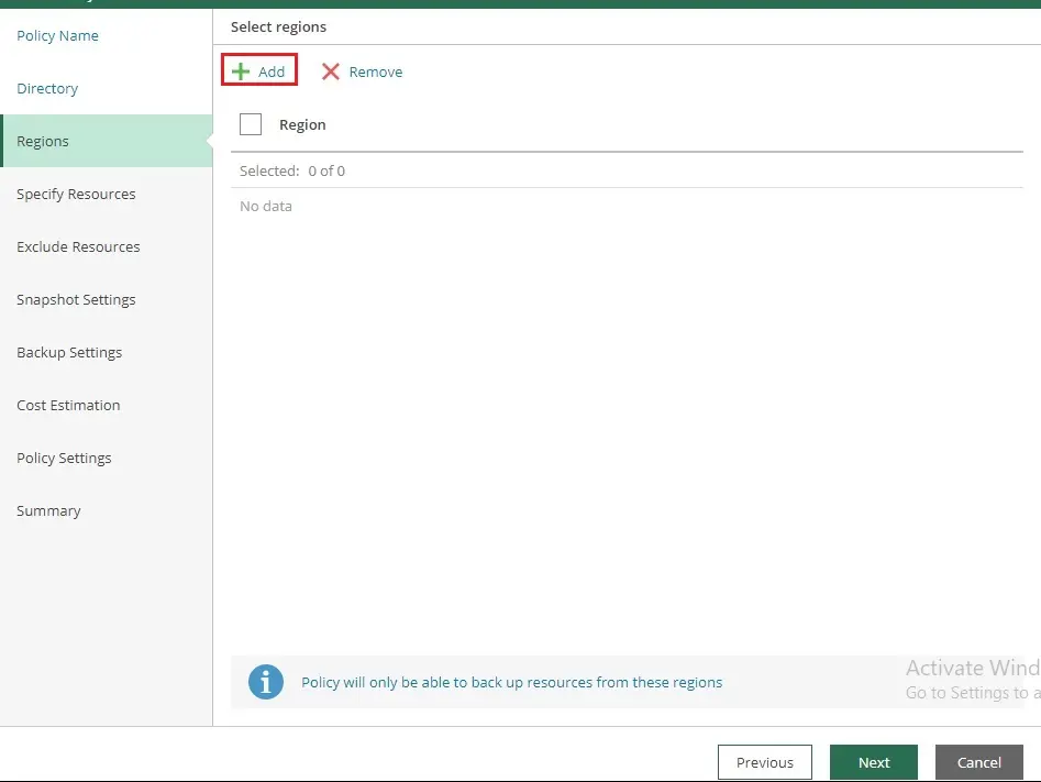 veeam azure add policy regions