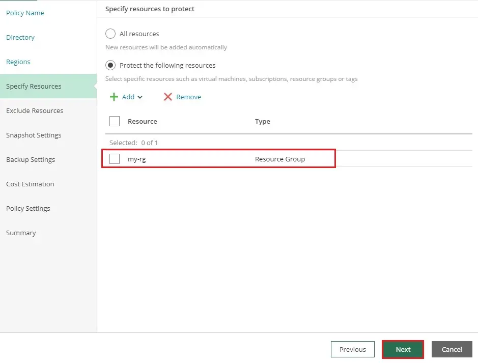 veeam azure add policy resource