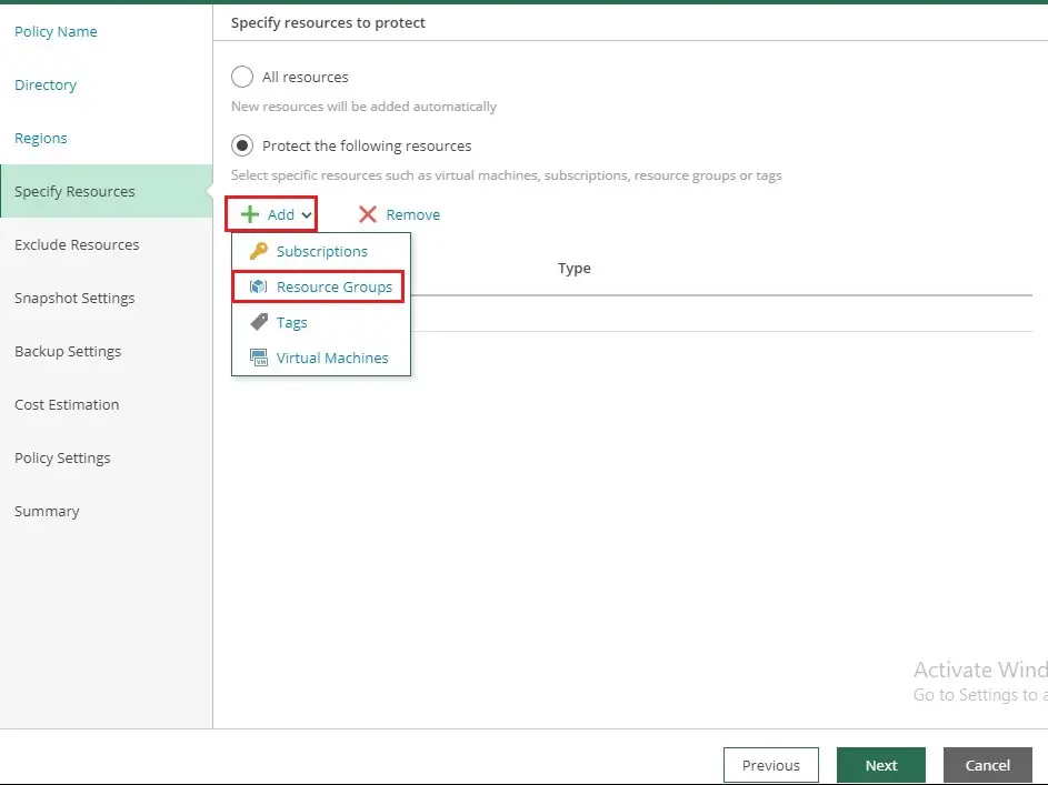 veeam azure add policy resource