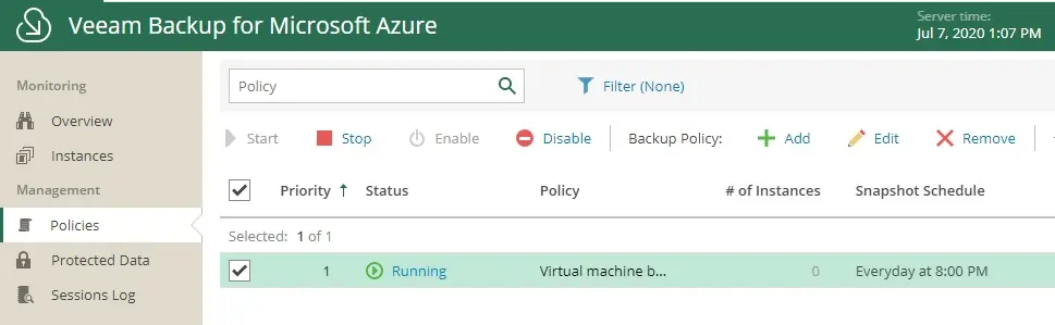 veeam azure add policy running