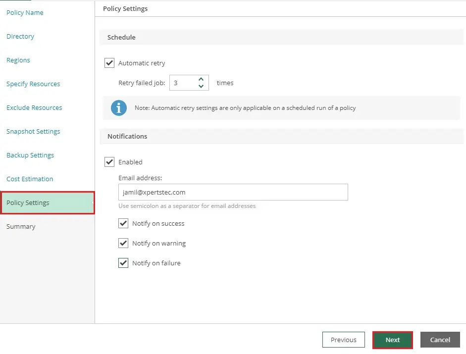 veeam azure add policy schedule