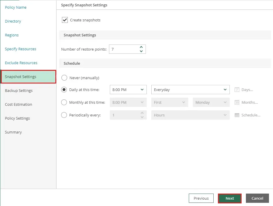 veeam azure add policy snapshot