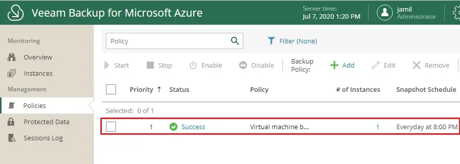 veeam azure add policy success