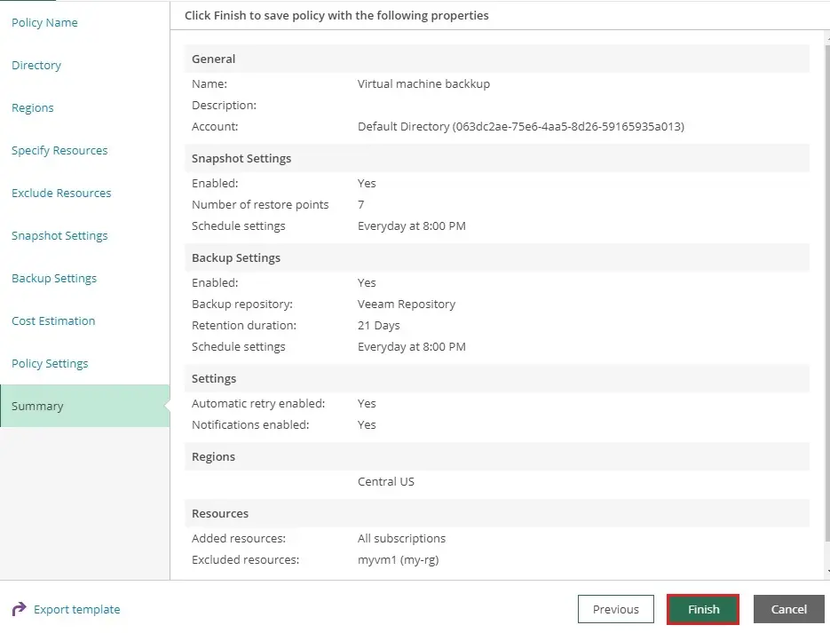 veeam azure add policy summary