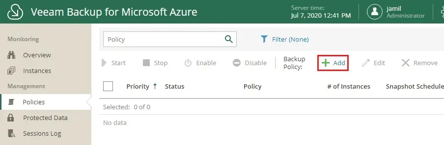 veeam azure add + policy