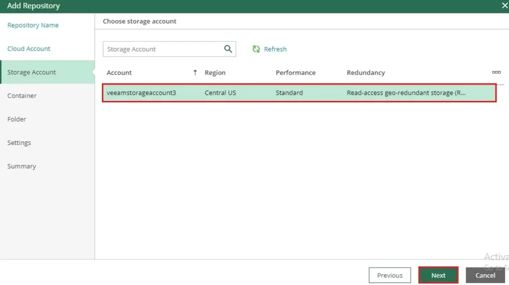 veeam azure add repository account