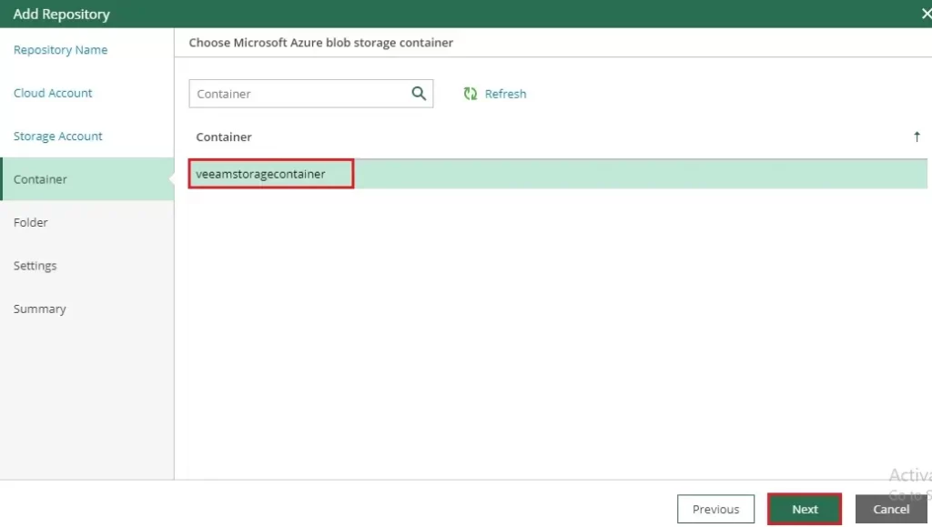 veeam azure add repository container