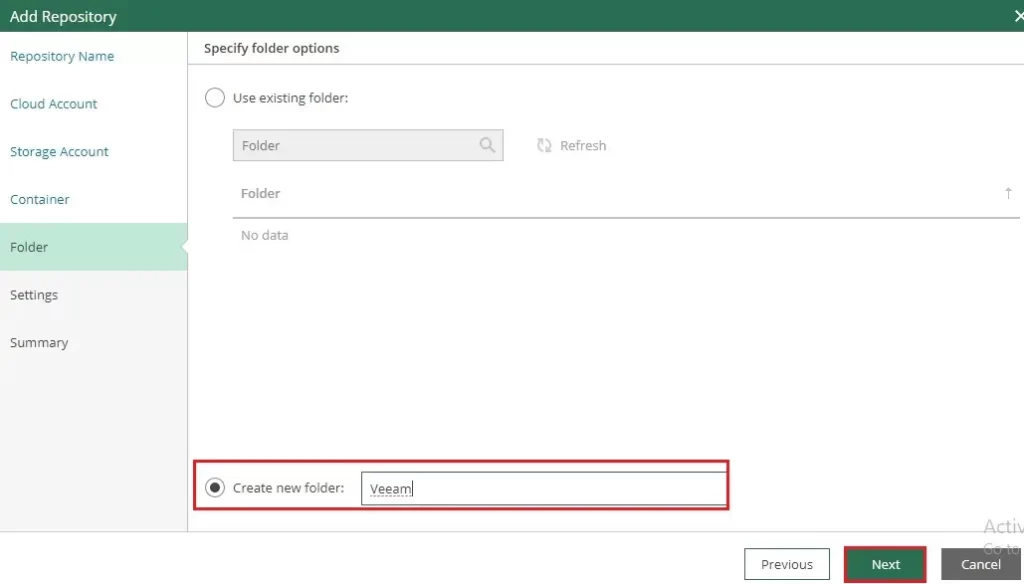 veeam azure add repository folder