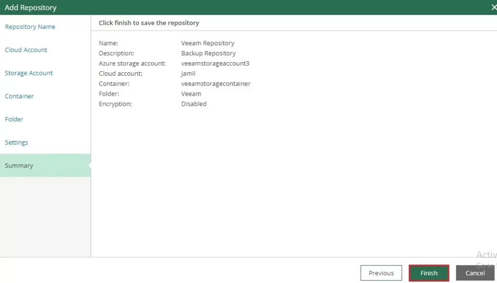 veeam azure add repository summary