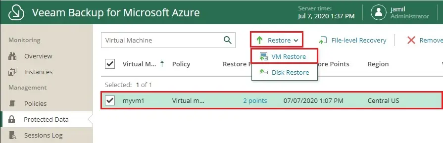 veeam azure protected data