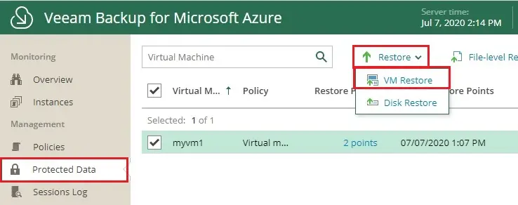 veeam azure protected data