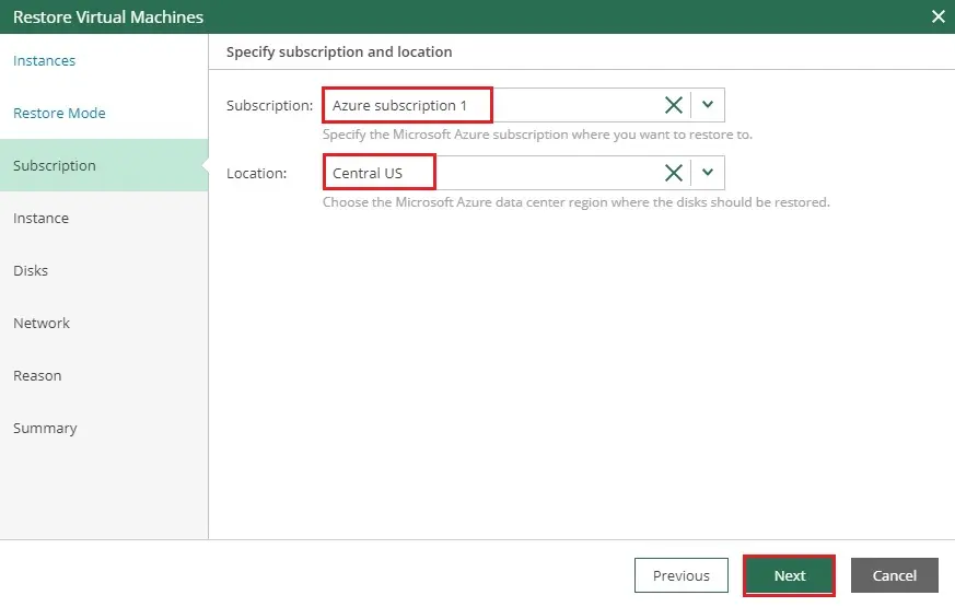 veeam azure restore vm subscription