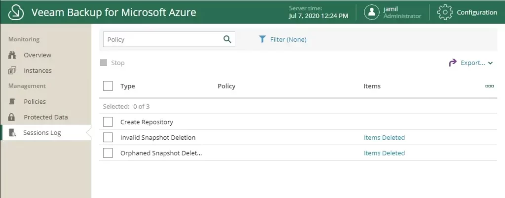 veeam azure session logs