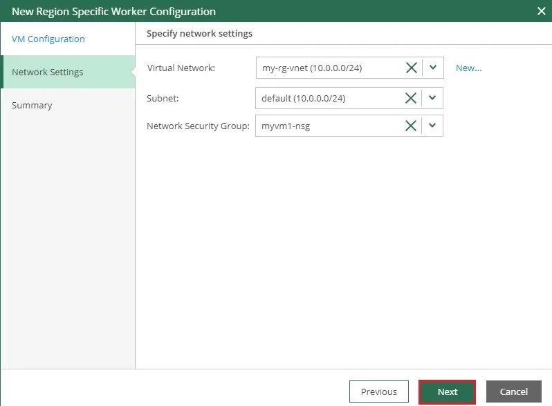 veeam azure workers network settings