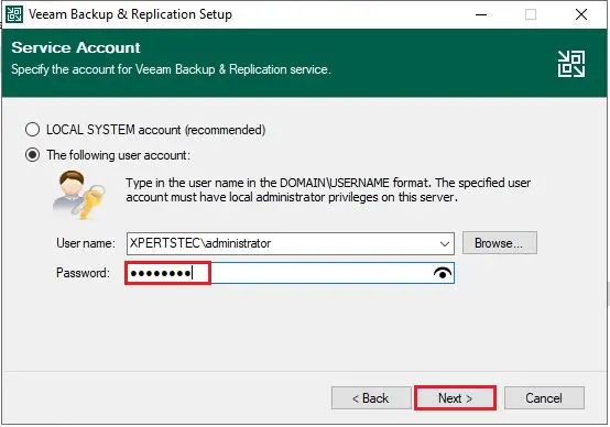 veeam backup service account