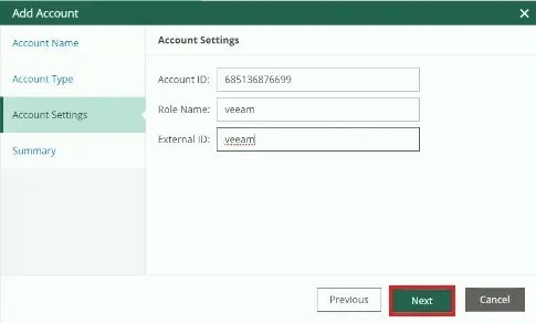 veeam for aws add account settings