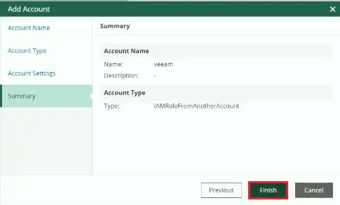 veeam for aws add account summary