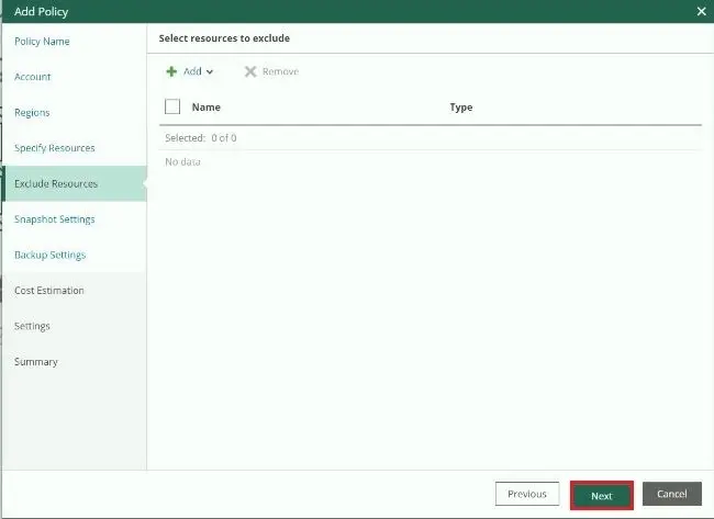 veeam for aws add policy exclude