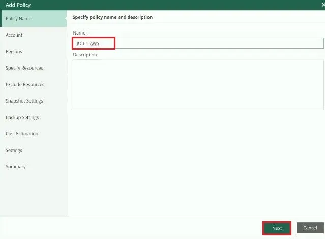 veeam for aws add policy name