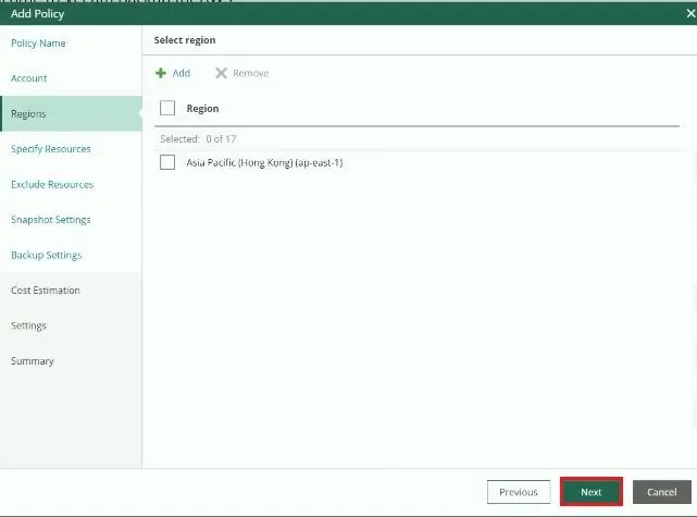 veeam for aws add policy regions