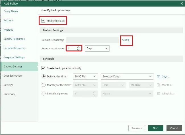 veeam for aws add policy schedule