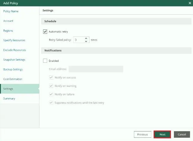 veeam for aws add policy settings