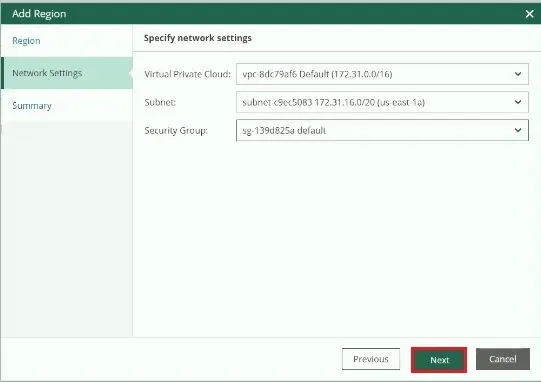 veeam for aws add region