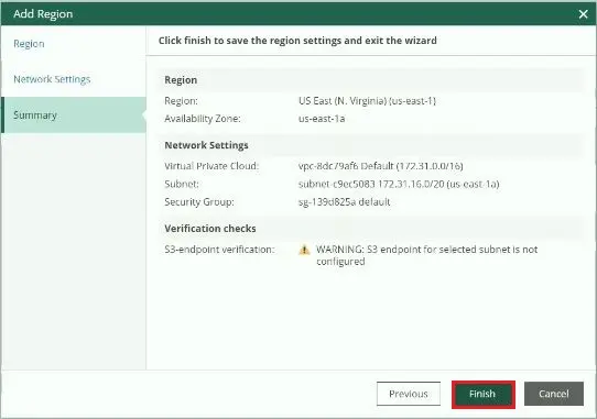 veeam for aws add region summary