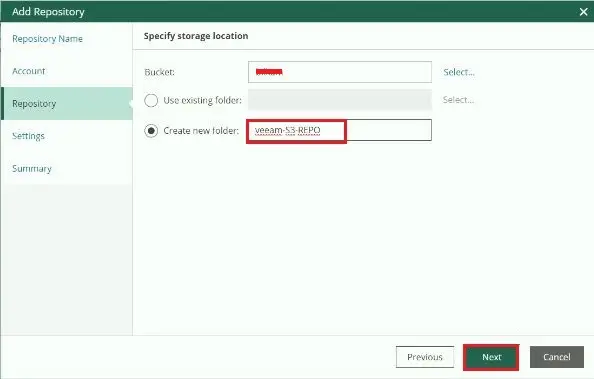 veeam for aws add repository folder