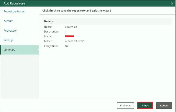 veeam for aws add repository summary