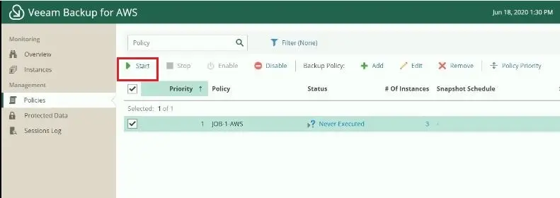 veeam for aws start job