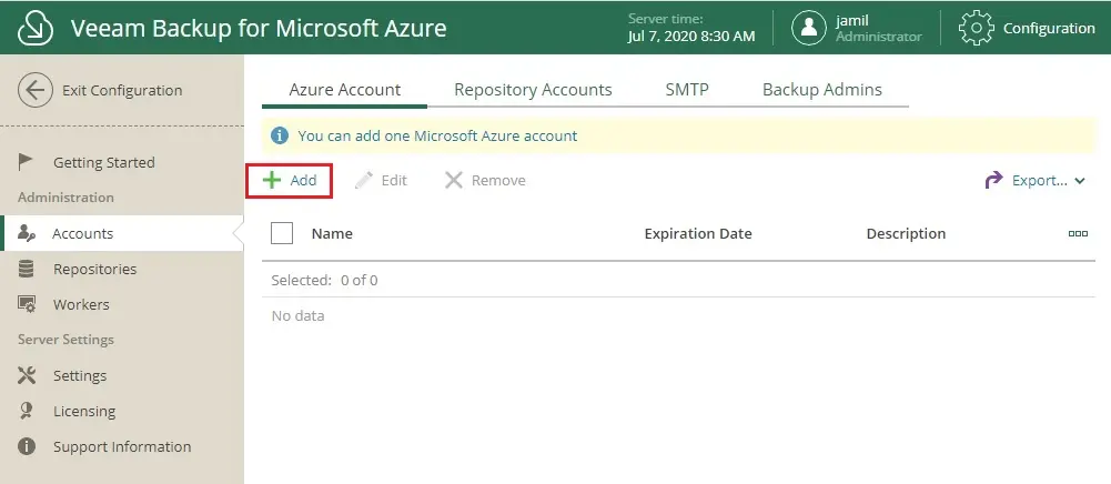 veeam for azure + add account