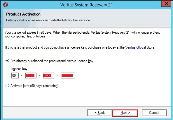 veritas system recovery activation