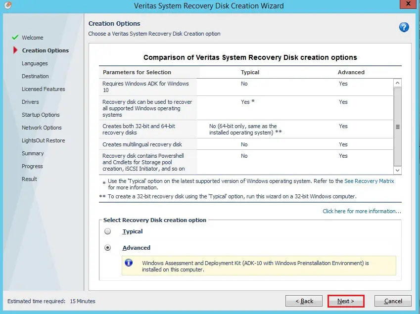 veritas system recovery creation option