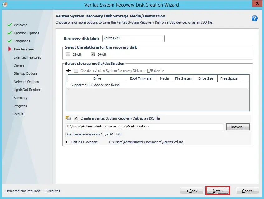 veritas system recovery disk destination