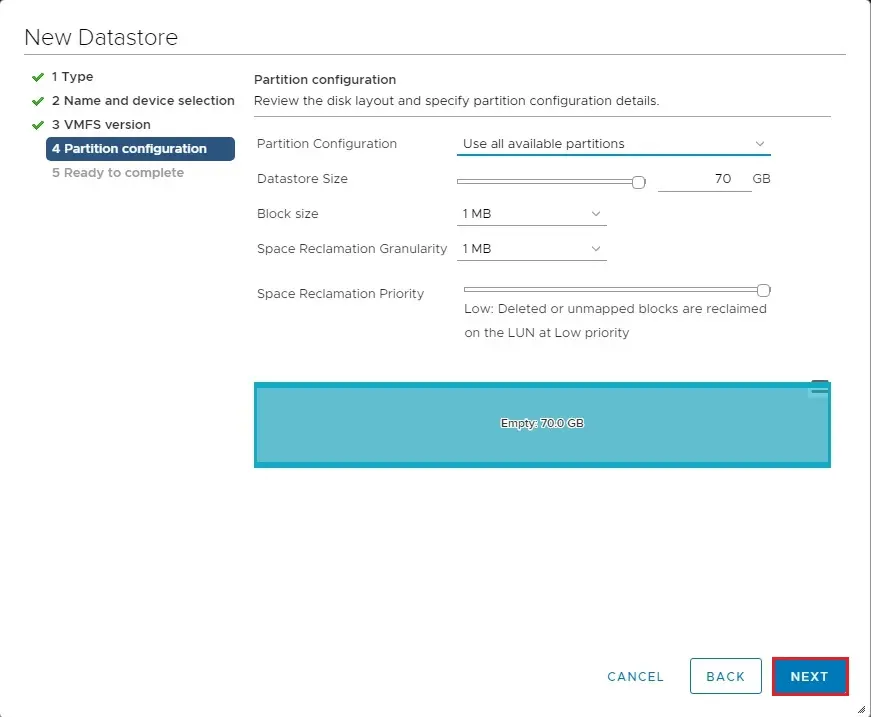 vmware new datastore partitions