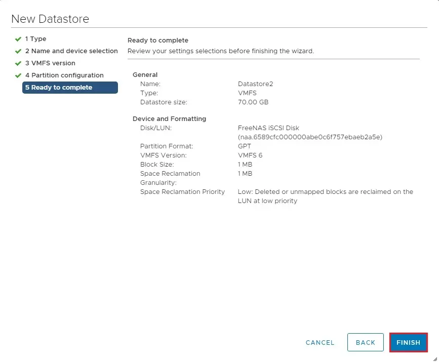 vmware new datastore ready