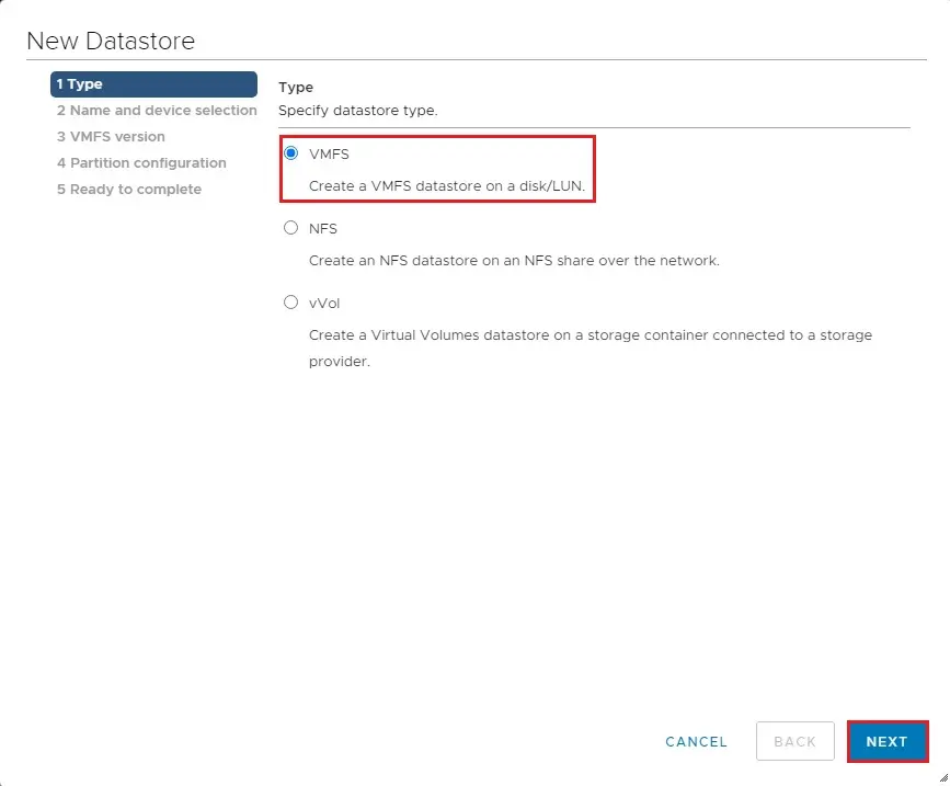 vmware new datastore type