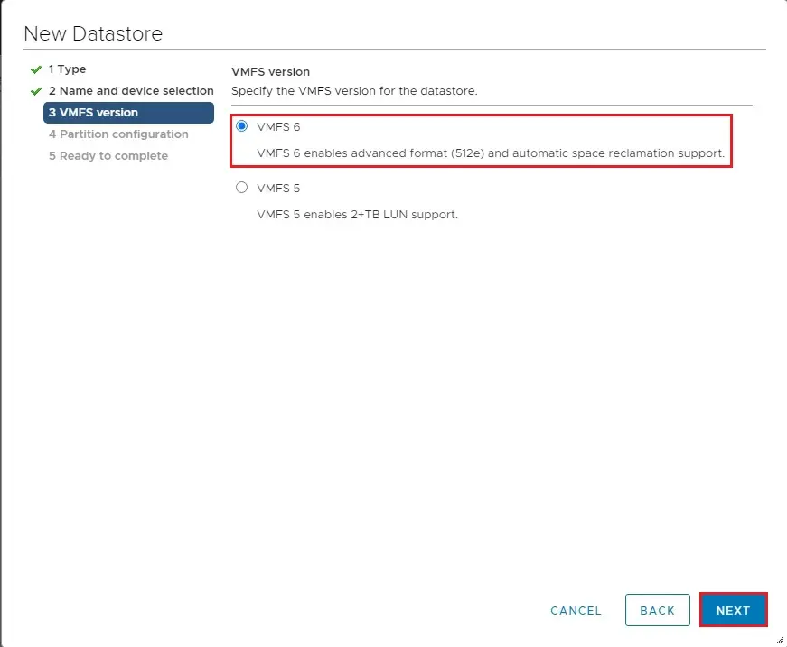 vmware new datastore vmfs