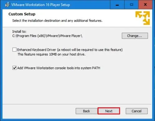 vmware player custom setup