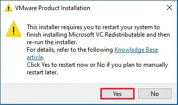 vmware product installation restart