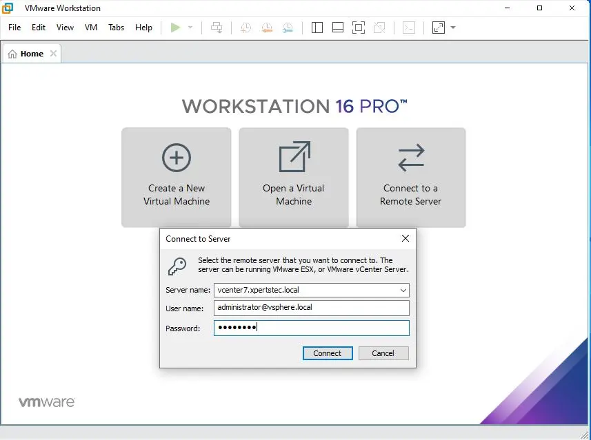 vmware workstation connect to server