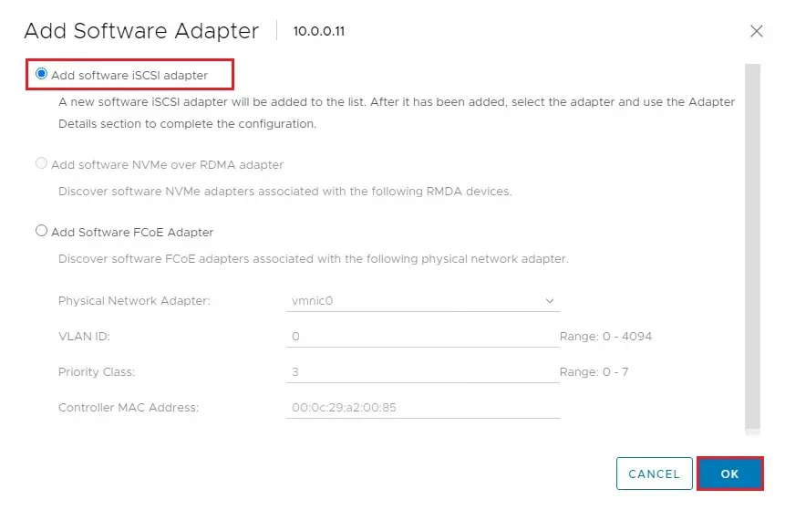 vsphere add software adapter wizard