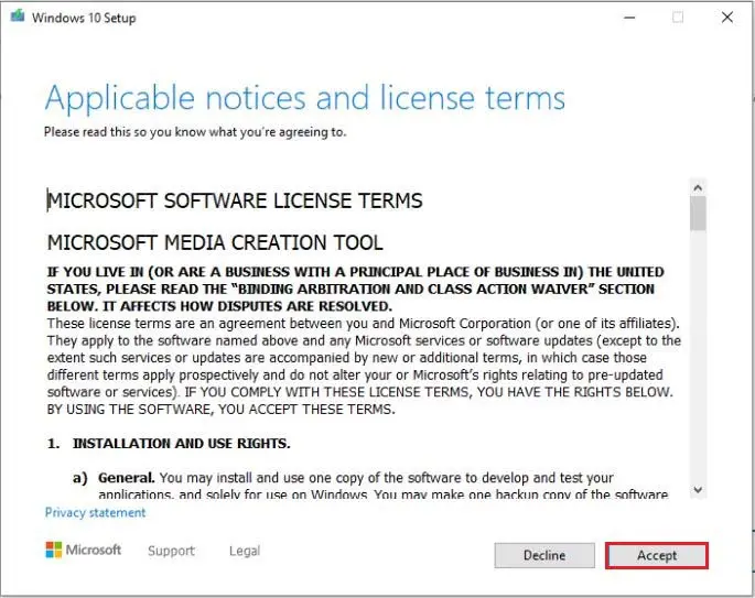 windows 10 setup applicable notice