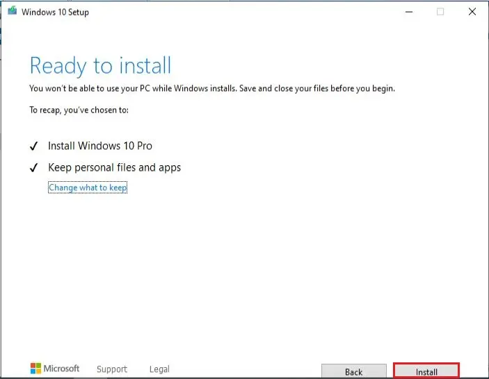 windows 10 setup ready to install