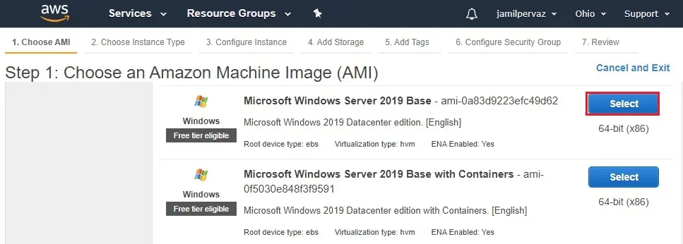 aws instance choose ami