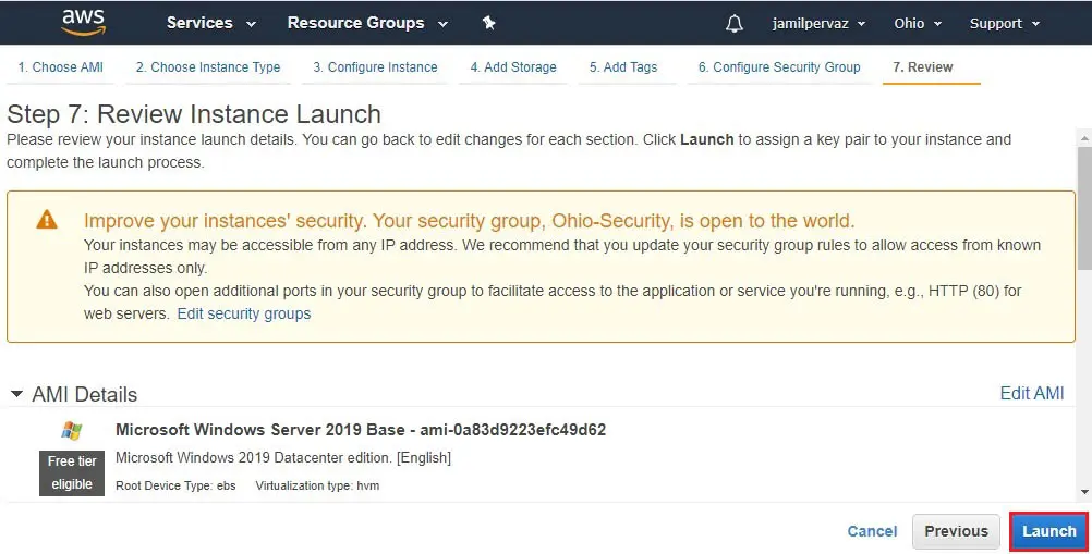 aws review instance launch